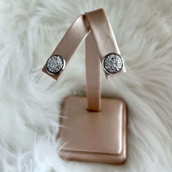 Metallic Silver Stainless Steel Druzy Stud Earrings - Picture 10 of 11